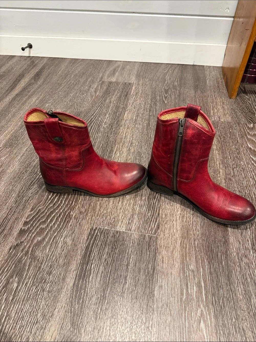 Frye “Melissa” Red Leather Ankle Boots with Side Zippers. Size 7